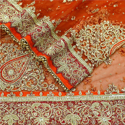 Indian Vintage Heavy Bridal Orange Dupatta Net Mesh Long Stole Hand Embroidered Scarves Golden Zardozi Dabka Zari Sequins Wedding Veil Hijab