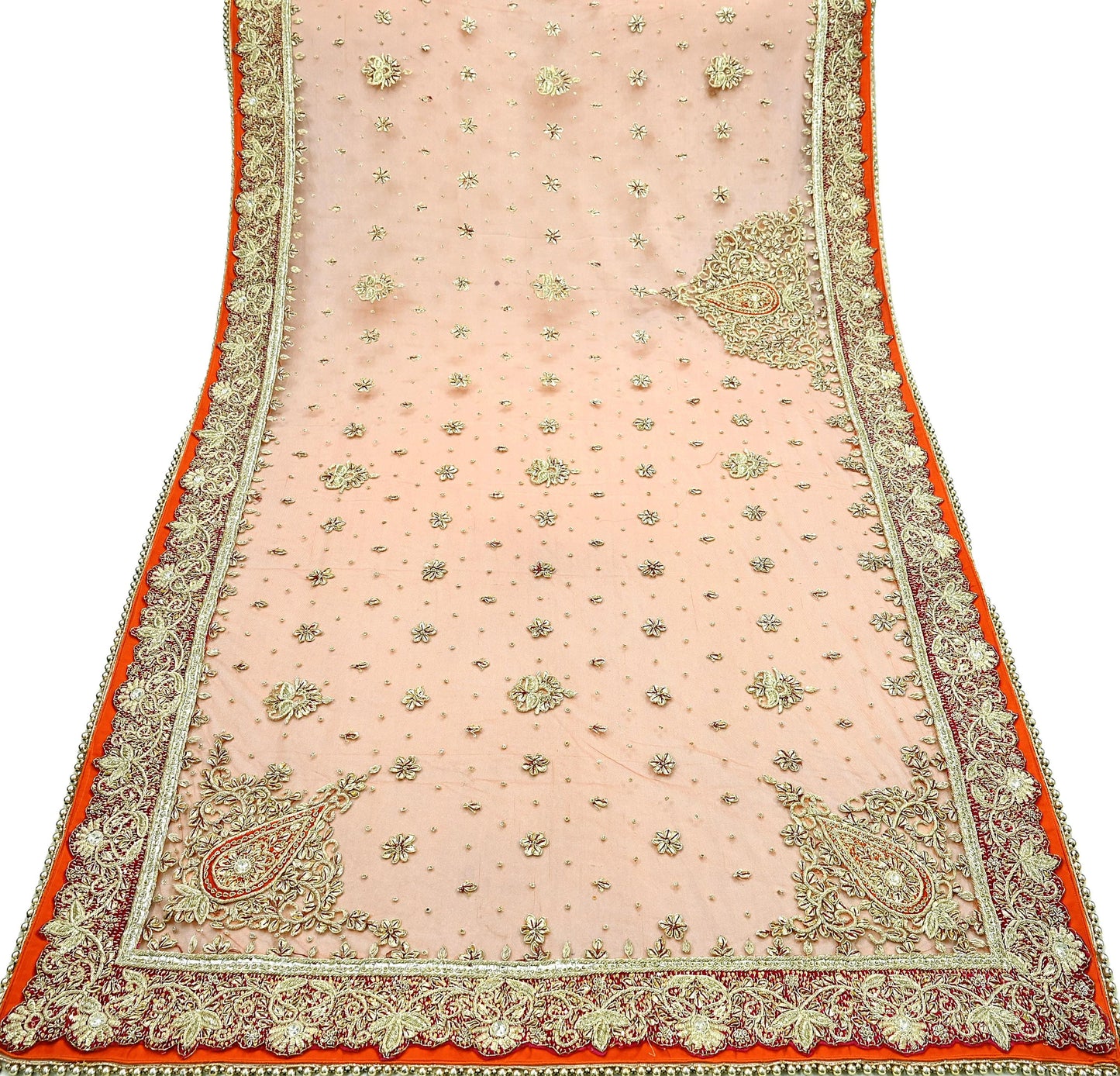 Indian Vintage Heavy Bridal Orange Dupatta Net Mesh Long Stole Hand Embroidered Scarves Golden Zardozi Dabka Zari Sequins Wedding Veil Hijab