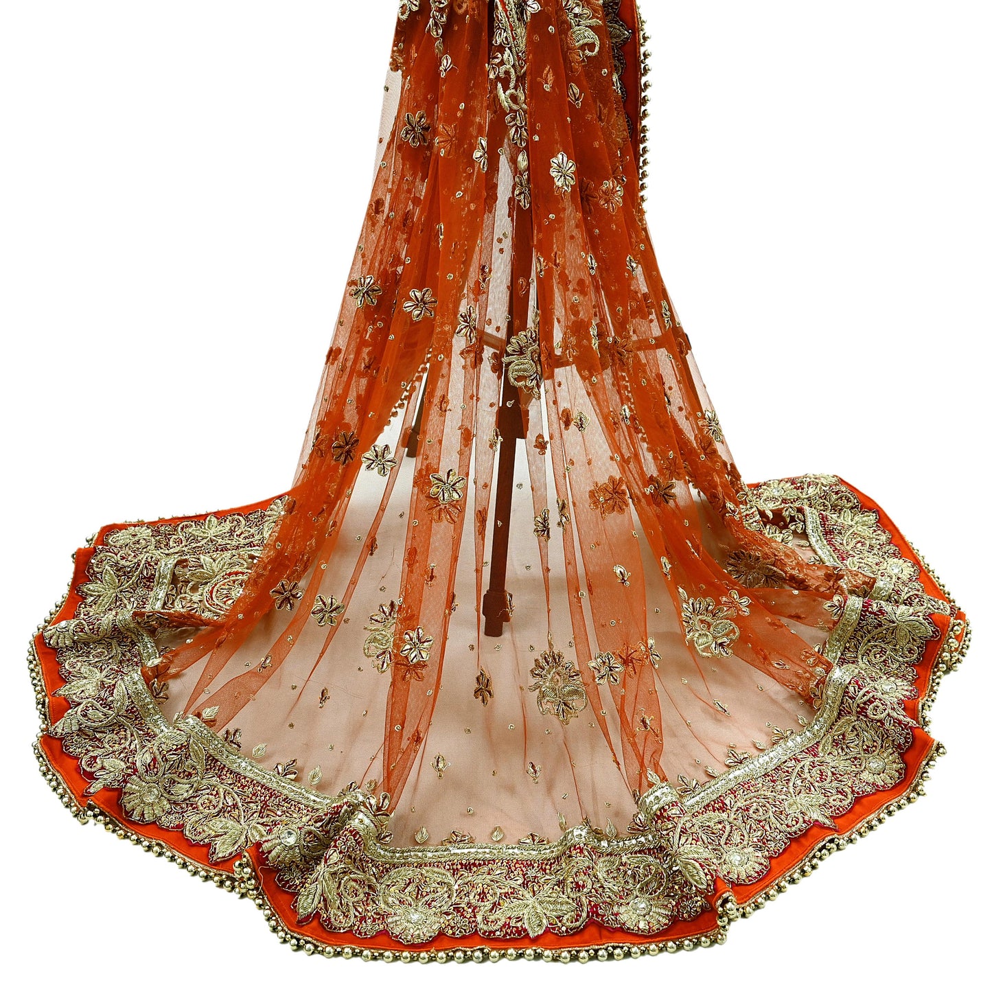 Indian Vintage Heavy Bridal Orange Dupatta Net Mesh Long Stole Hand Embroidered Scarves Golden Zardozi Dabka Zari Sequins Wedding Veil Hijab