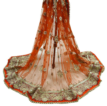 Indian Vintage Heavy Bridal Orange Dupatta Net Mesh Long Stole Hand Embroidered Scarves Golden Zardozi Dabka Zari Sequins Wedding Veil Hijab