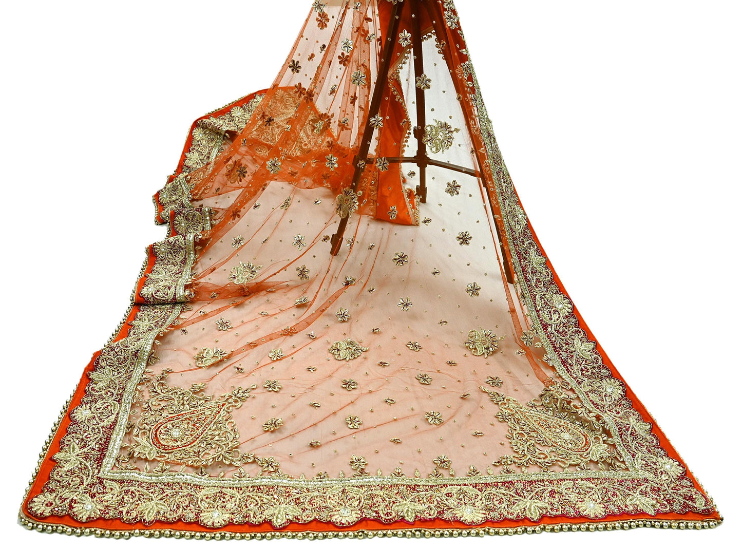 Indian Vintage Heavy Bridal Orange Dupatta Net Mesh Long Stole Hand Embroidered Scarves Golden Zardozi Dabka Zari Sequins Wedding Veil Hijab