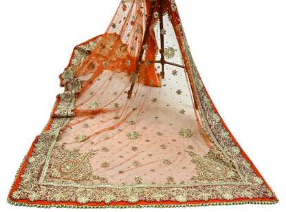 Indian Vintage Heavy Bridal Orange Dupatta Net Mesh Long Stole Hand Embroidered Scarves Golden Zardozi Dabka Zari Sequins Wedding Veil Hijab