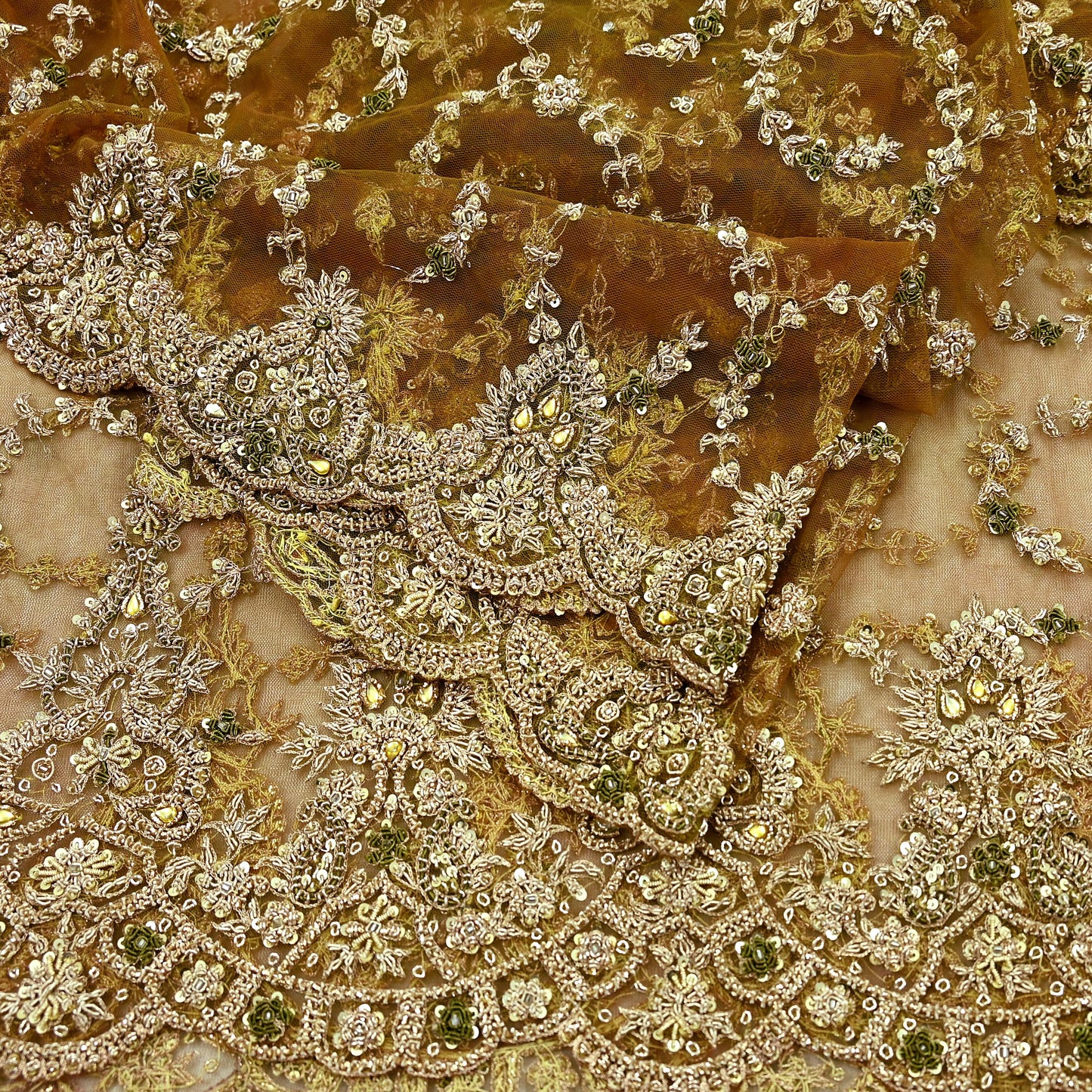 Indian Vintage Heavy Wedding Green Dupatta Net Mesh Long Stole Hand Embroidered Scarves Golden Zardozi Zari Sequins Dridal Veil Hijab