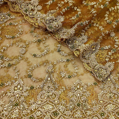 Indian Vintage Heavy Wedding Green Dupatta Net Mesh Long Stole Hand Embroidered Scarves Golden Zardozi Zari Sequins Dridal Veil Hijab