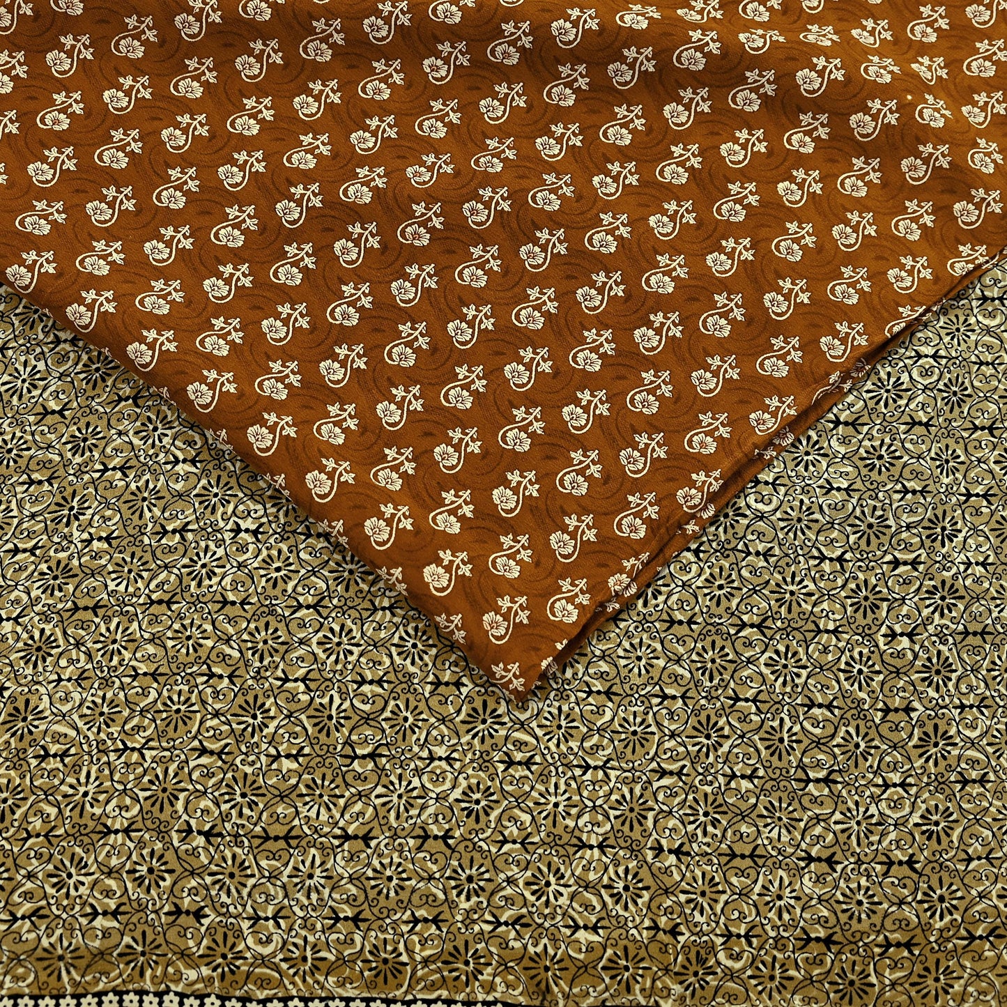 Indian Vintage Sari Green & Rusty Pure Crepe Silk Printed Sarees 5yd Sewing Soft Craft Fabric Wrap Upcycle Quilting Crafting Dress making