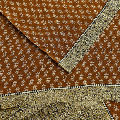 Indian Vintage Sari Green & Rusty Pure Crepe Silk Printed Sarees 5yd Sewing Soft Craft Fabric Wrap Upcycle Quilting Crafting Dress making