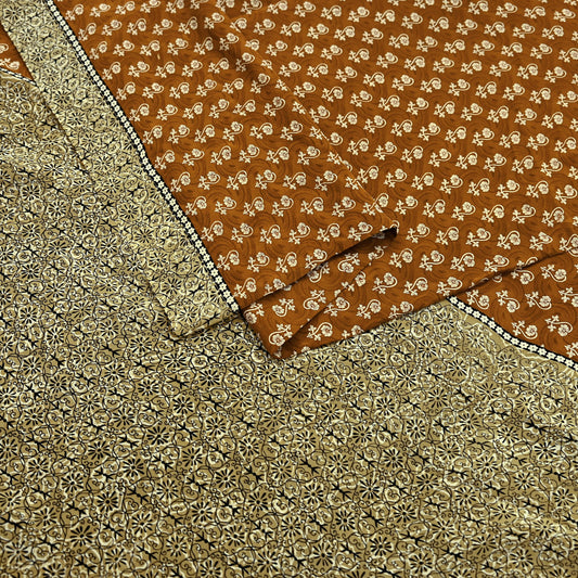 Indian Vintage Sari Green & Rusty Pure Crepe Silk Printed Sarees 5yd Sewing Soft Craft Fabric Wrap Upcycle Quilting Crafting Dress making