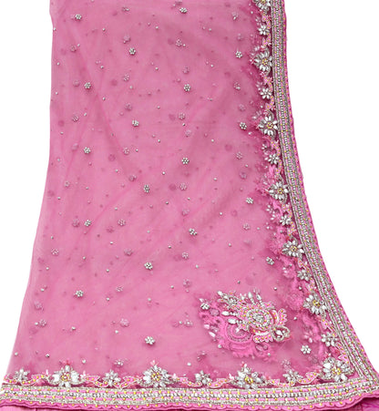 Indian Vintage Heavy Bridal Pink Dupatta Net Mesh Long Stole Hand Embroidered Scarves Golden Zardozi Dabka Zari Sequins Wedding Veil Hijab