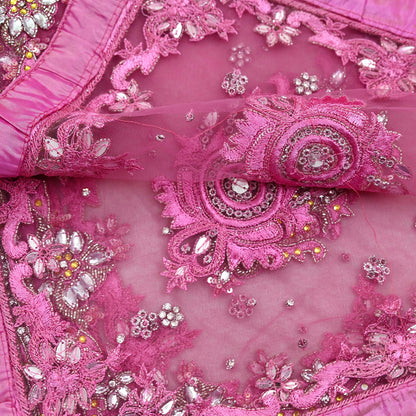 Indian Vintage Heavy Bridal Pink Dupatta Net Mesh Long Stole Hand Embroidered Scarves Golden Zardozi Dabka Zari Sequins Wedding Veil Hijab