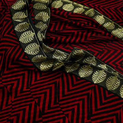 Women Vintage Sari Red & Black Pure Chiffon Silk Printed Saree Craft Fabric Sewing 5Yard Soft Light Dress Making Floral Zari