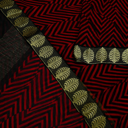 Women Vintage Sari Red & Black Pure Chiffon Silk Printed Saree Craft Fabric Sewing 5Yard Soft Light Dress Making Floral Zari
