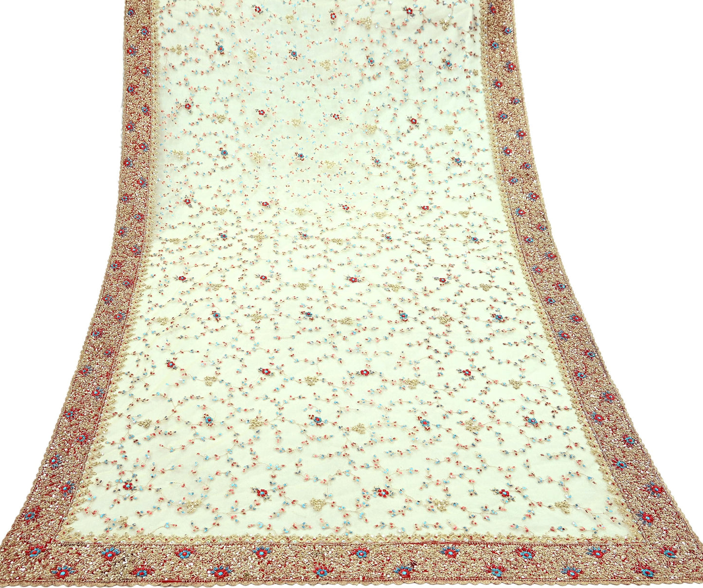 Indian Vintage Heavy Ivory Dupatta Net Mesh Long Stole Hand Embroidered Scarves Golden Zardozi Dabka Zari Wedding/Bridal Veil