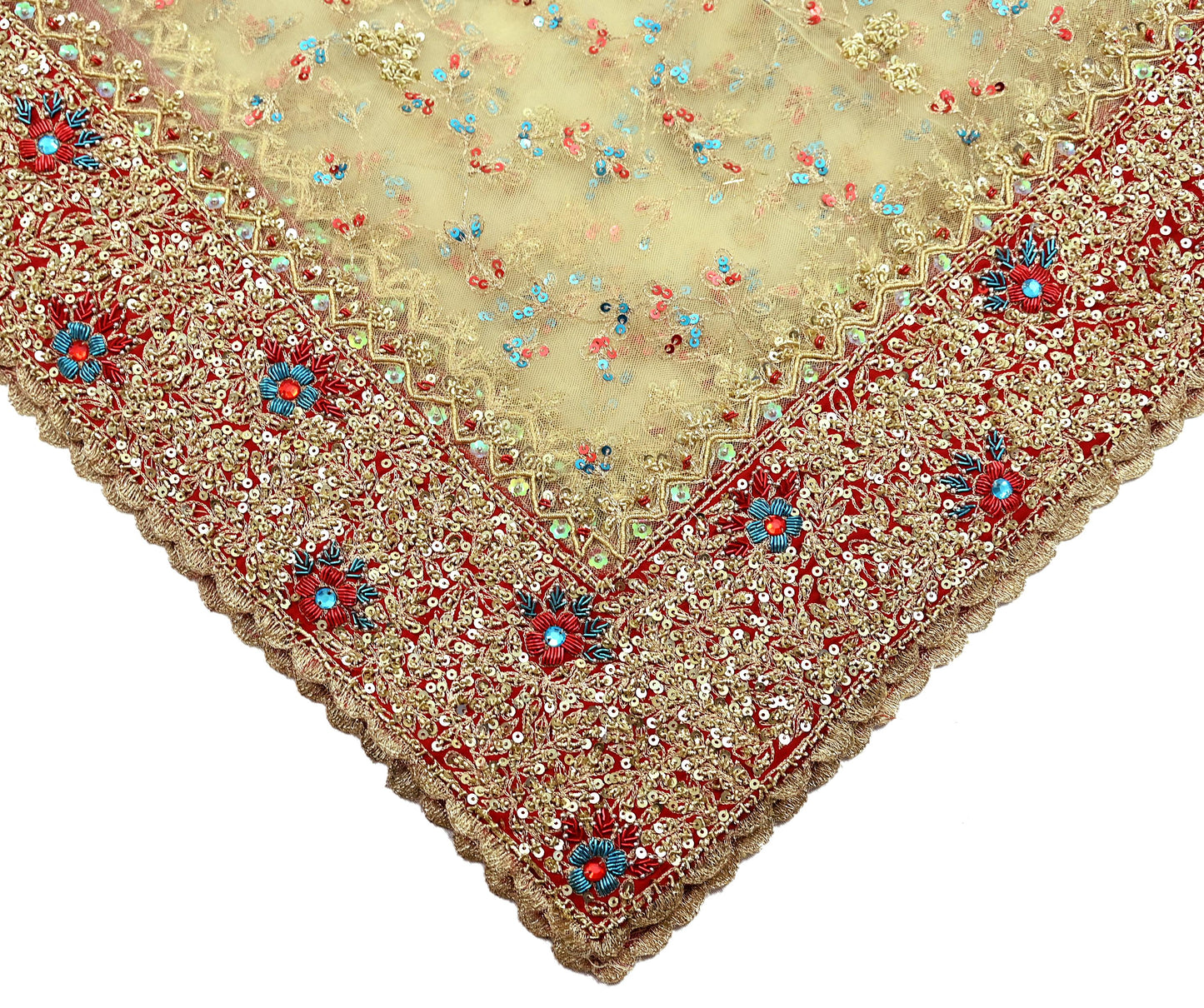 Indian Vintage Heavy Ivory Dupatta Net Mesh Long Stole Hand Embroidered Scarves Golden Zardozi Dabka Zari Wedding/Bridal Veil
