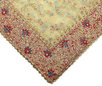 Indian Vintage Heavy Ivory Dupatta Net Mesh Long Stole Hand Embroidered Scarves Golden Zardozi Dabka Zari Wedding/Bridal Veil