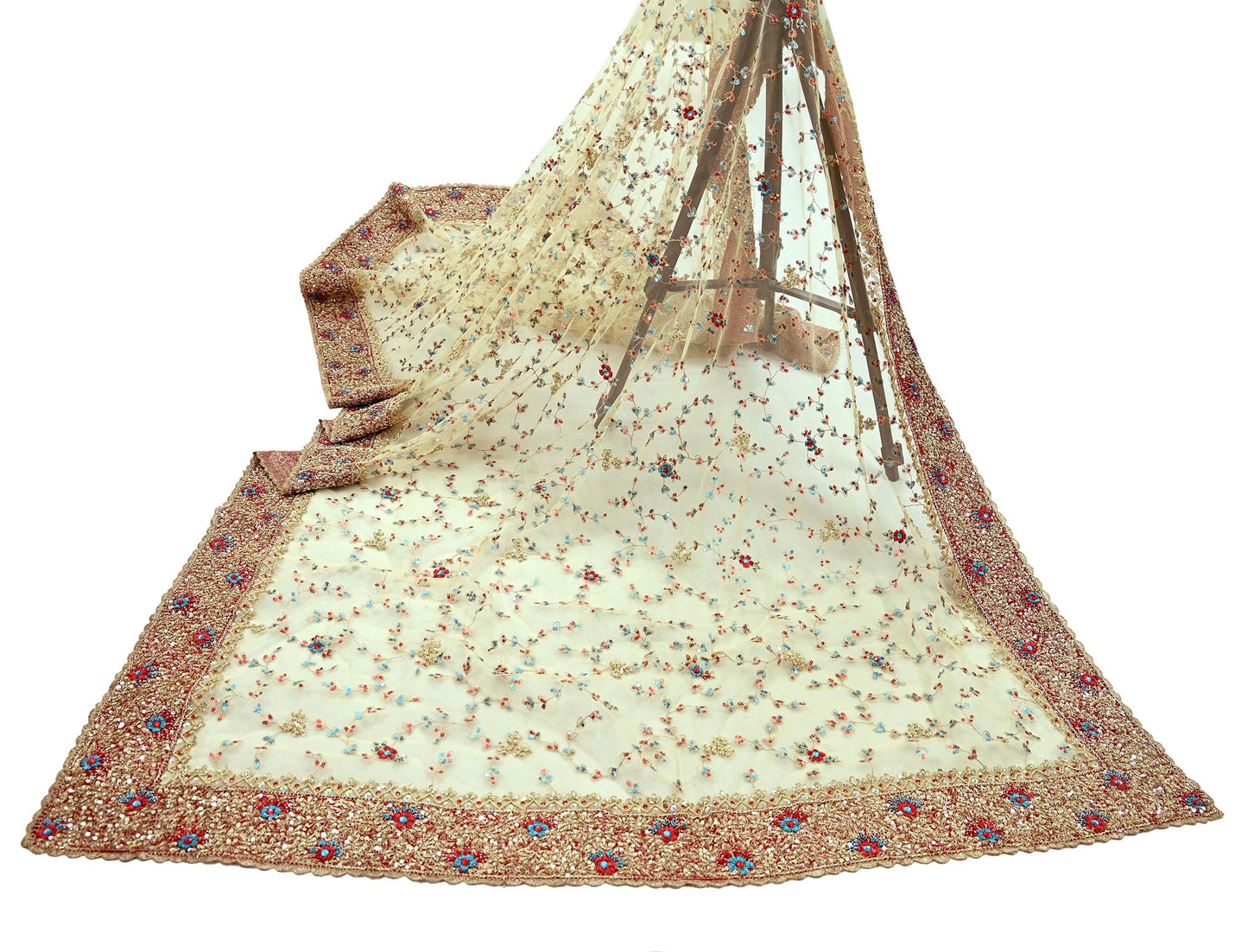 Indian Vintage Heavy Ivory Dupatta Net Mesh Long Stole Hand Embroidered Scarves Golden Zardozi Dabka Zari Wedding/Bridal Veil
