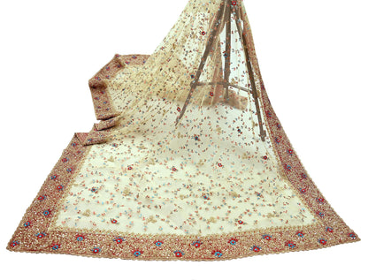 Indian Vintage Heavy Ivory Dupatta Net Mesh Long Stole Hand Embroidered Scarves Golden Zardozi Dabka Zari Wedding/Bridal Veil