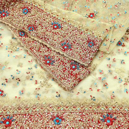 Indian Vintage Heavy Ivory Dupatta Net Mesh Long Stole Hand Embroidered Scarves Golden Zardozi Dabka Zari Wedding/Bridal Veil