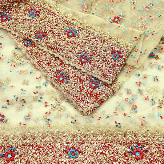 Indian Vintage Heavy Ivory Dupatta Net Mesh Long Stole Hand Embroidered Scarves Golden Zardozi Dabka Zari Wedding/Bridal Veil