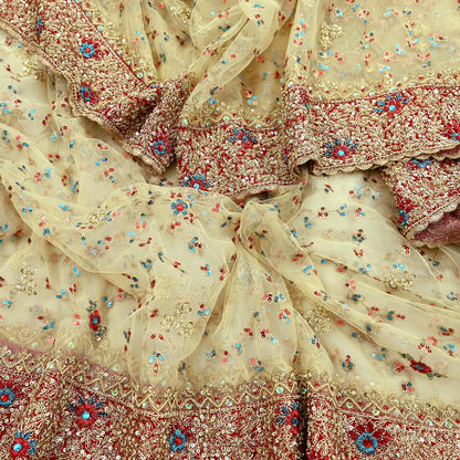 Indian Vintage Heavy Ivory Dupatta Net Mesh Long Stole Hand Embroidered Scarves Golden Zardozi Dabka Zari Wedding/Bridal Veil