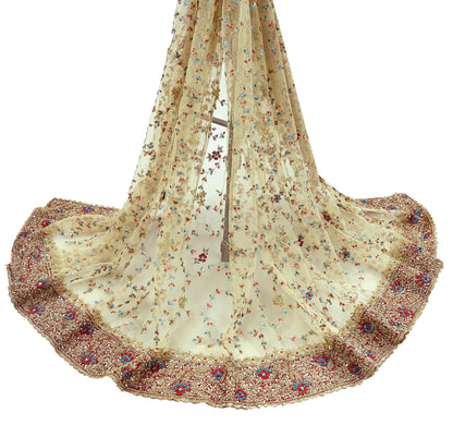 Indian Vintage Heavy Ivory Dupatta Net Mesh Long Stole Hand Embroidered Scarves Golden Zardozi Dabka Zari Wedding/Bridal Veil