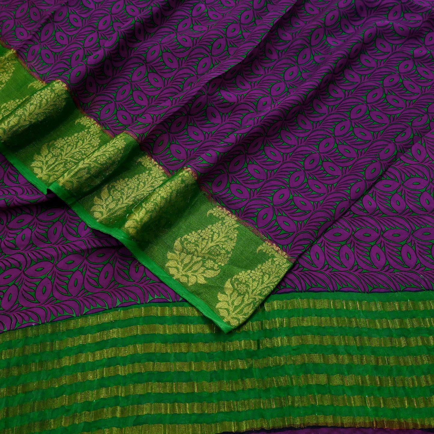 Women Vintage Sari Purple & Green Pure Georgette Silk Printed Saree Craft Fabric Sewing 5Yard Soft Light Dress Making Floral Zari