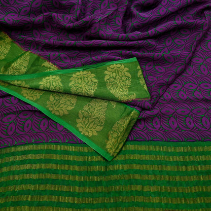 Women Vintage Sari Purple & Green Pure Georgette Silk Printed Saree Craft Fabric Sewing 5Yard Soft Light Dress Making Floral Zari
