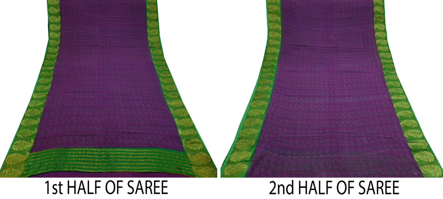 Women Vintage Sari Purple & Green Pure Georgette Silk Printed Saree Craft Fabric Sewing 5Yard Soft Light Dress Making Floral Zari