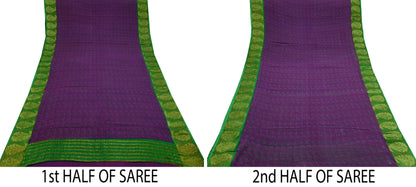 Women Vintage Sari Purple & Green Pure Georgette Silk Printed Saree Craft Fabric Sewing 5Yard Soft Light Dress Making Floral Zari