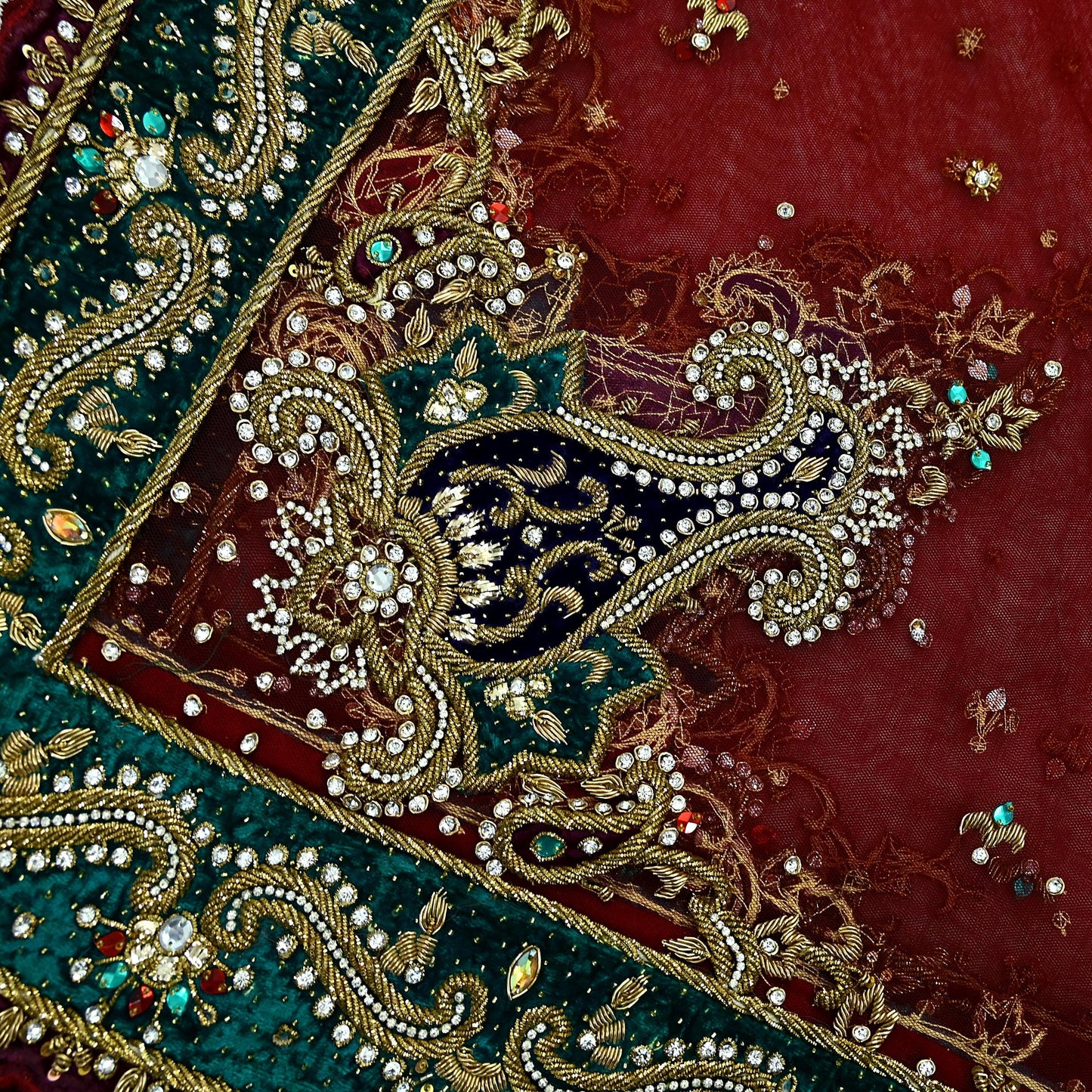 Indian Vintage Heavy Wedding Maroon Dupatta Net Mesh Long Stole Hand Embroidered Scarves Golden Zardozi Zari Sequins Dridal Veil Hijab