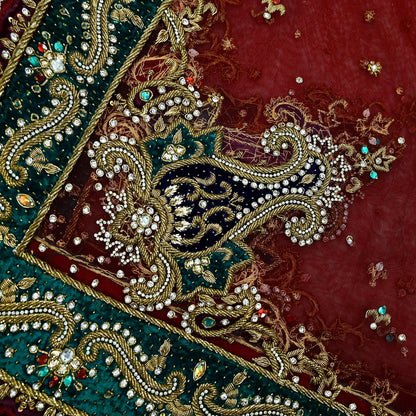 Indian Vintage Heavy Wedding Maroon Dupatta Net Mesh Long Stole Hand Embroidered Scarves Golden Zardozi Zari Sequins Dridal Veil Hijab