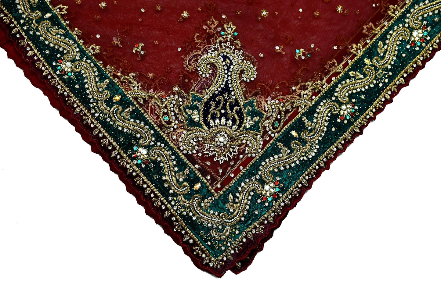Indian Vintage Heavy Wedding Maroon Dupatta Net Mesh Long Stole Hand Embroidered Scarves Golden Zardozi Zari Sequins Dridal Veil Hijab