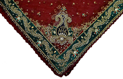 Indian Vintage Heavy Wedding Maroon Dupatta Net Mesh Long Stole Hand Embroidered Scarves Golden Zardozi Zari Sequins Dridal Veil Hijab