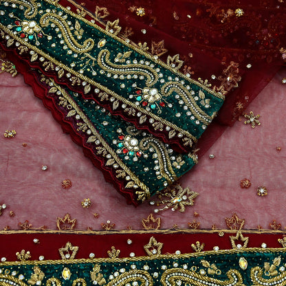 Indian Vintage Heavy Wedding Maroon Dupatta Net Mesh Long Stole Hand Embroidered Scarves Golden Zardozi Zari Sequins Dridal Veil Hijab