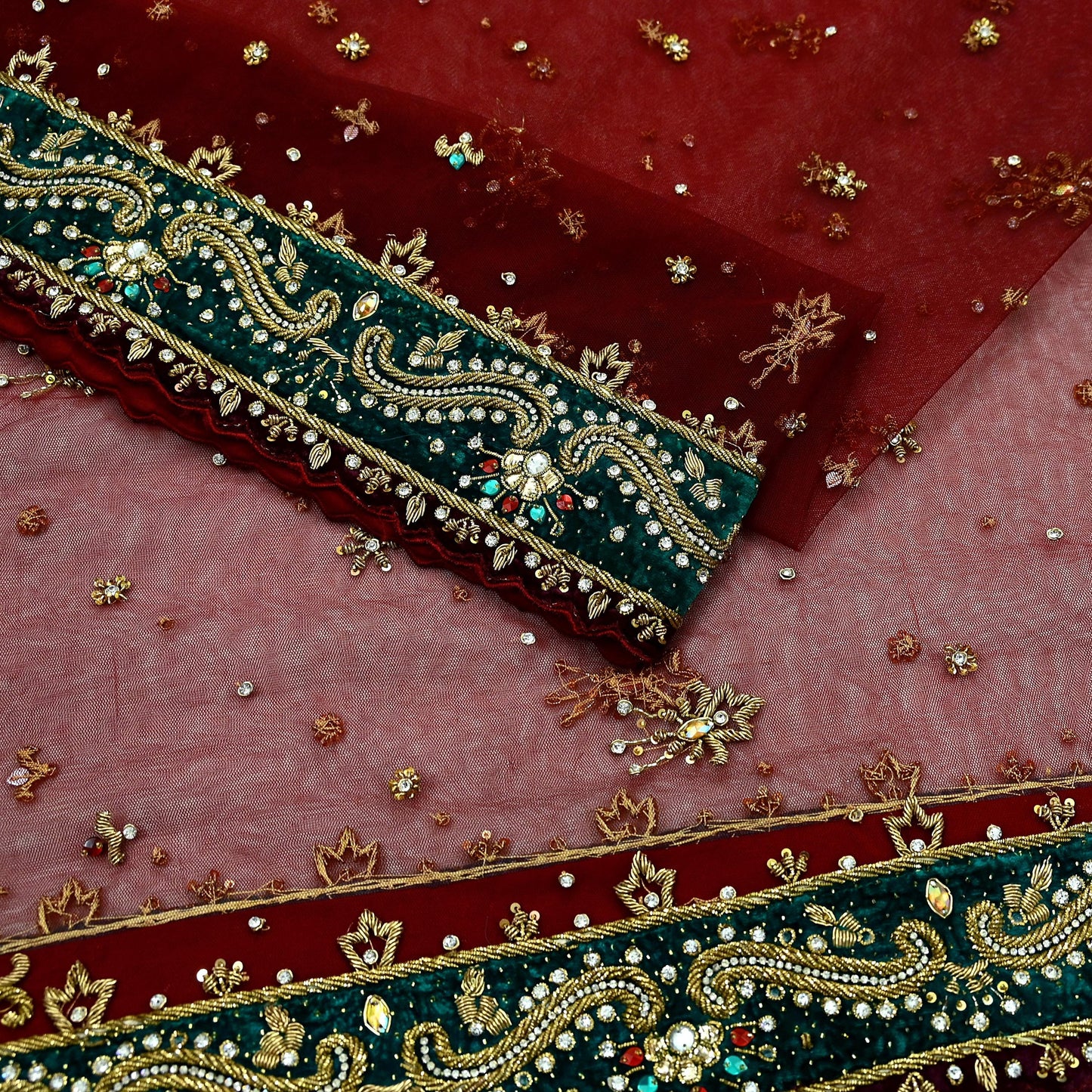 Indian Vintage Heavy Wedding Maroon Dupatta Net Mesh Long Stole Hand Embroidered Scarves Golden Zardozi Zari Sequins Dridal Veil Hijab