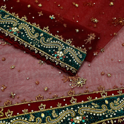 Indian Vintage Heavy Wedding Maroon Dupatta Net Mesh Long Stole Hand Embroidered Scarves Golden Zardozi Zari Sequins Dridal Veil Hijab