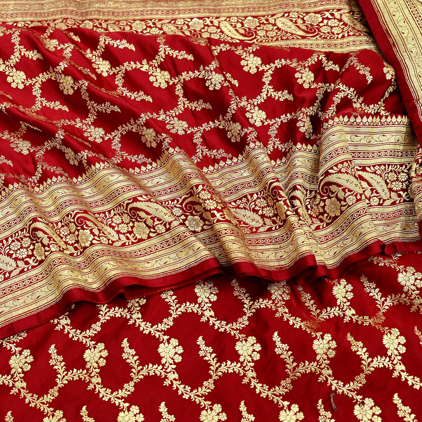Indian Vintage Sari Red Heavy Wedding Pure Satin Silk Woven Banarasi Brocade Saree Zari 5Yd Craft Fabric Ethnic Dress making Crafting