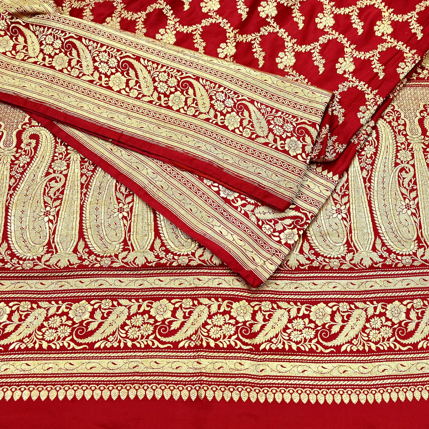 Indian Vintage Sari Red Heavy Wedding Pure Satin Silk Woven Banarasi Brocade Saree Zari 5Yd Craft Fabric Ethnic Dress making Crafting