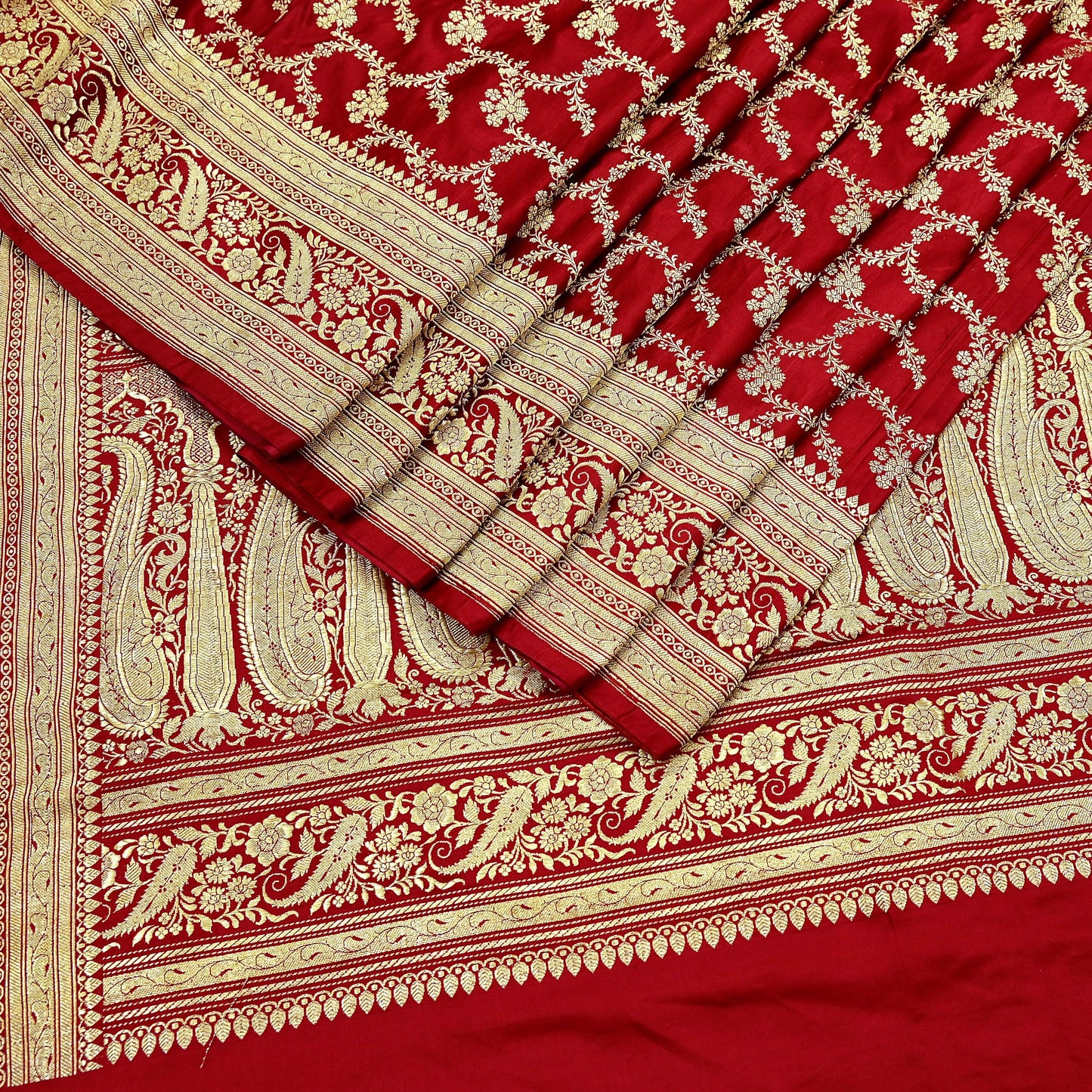 Indian Vintage Sari Red Heavy Wedding Pure Satin Silk Woven Banarasi Brocade Saree Zari 5Yd Craft Fabric Ethnic Dress making Crafting