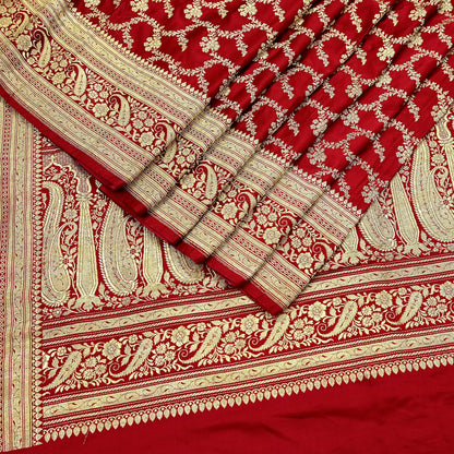 Indian Vintage Sari Red Heavy Wedding Pure Satin Silk Woven Banarasi Brocade Saree Zari 5Yd Craft Fabric Ethnic Dress making Crafting
