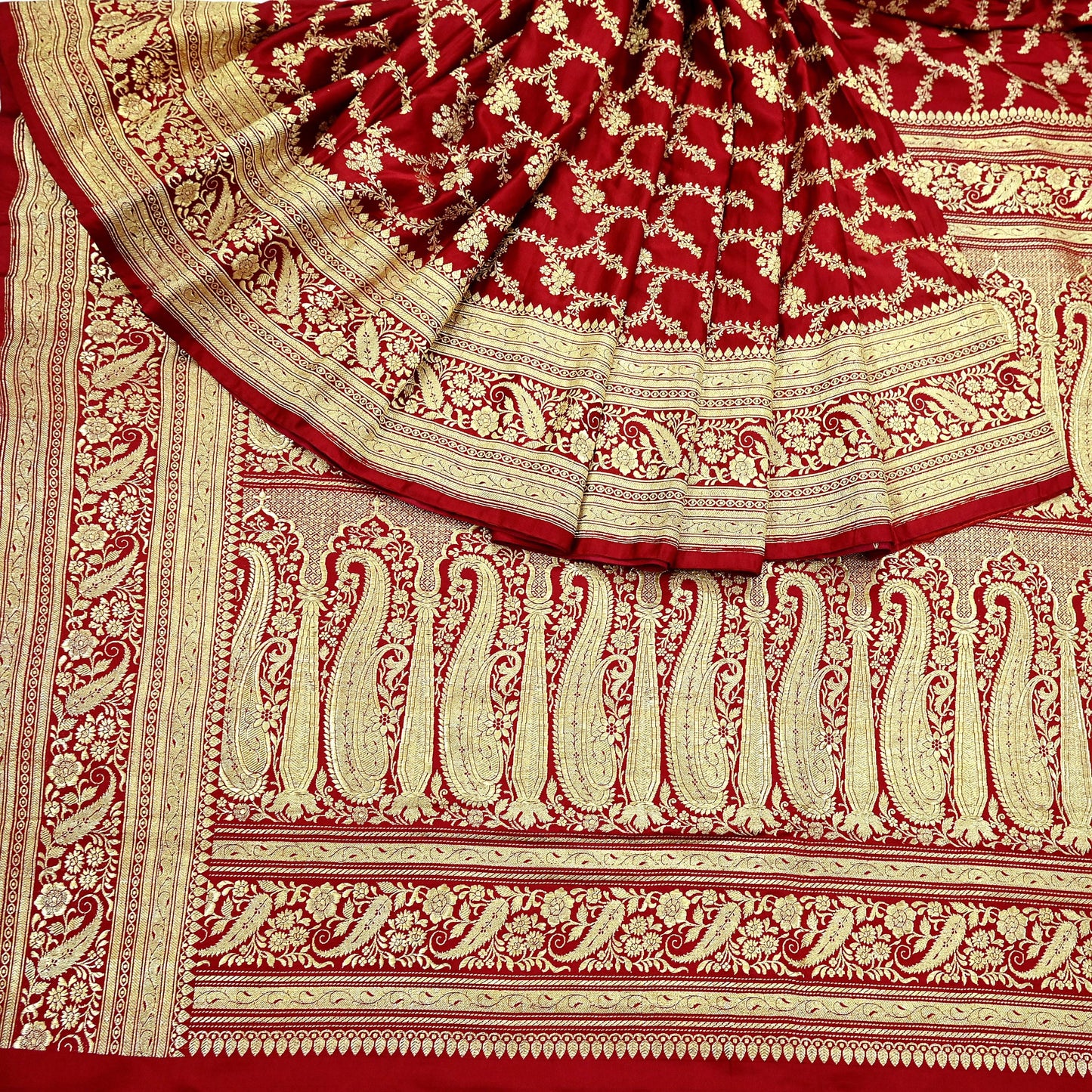 Indian Vintage Sari Red Heavy Wedding Pure Satin Silk Woven Banarasi Brocade Saree Zari 5Yd Craft Fabric Ethnic Dress making Crafting