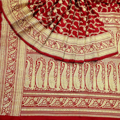 Indian Vintage Sari Red Heavy Wedding Pure Satin Silk Woven Banarasi Brocade Saree Zari 5Yd Craft Fabric Ethnic Dress making Crafting
