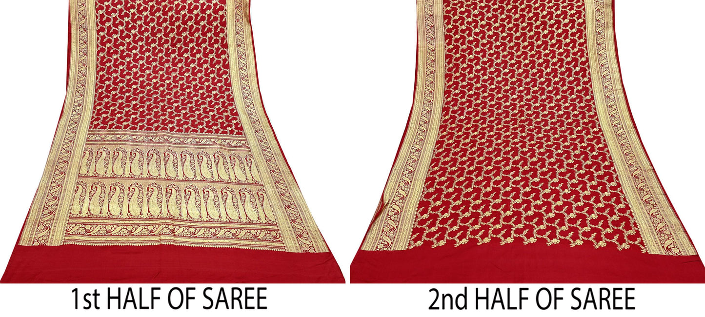 Indian Vintage Sari Red Heavy Wedding Pure Satin Silk Woven Banarasi Brocade Saree Zari 5Yd Craft Fabric Ethnic Dress making Crafting
