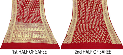 Indian Vintage Sari Red Heavy Wedding Pure Satin Silk Woven Banarasi Brocade Saree Zari 5Yd Craft Fabric Ethnic Dress making Crafting