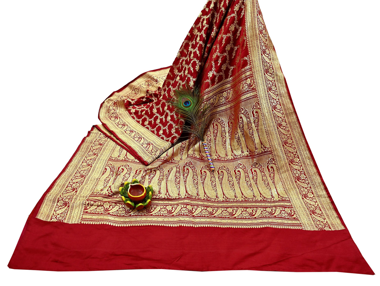 Indian Vintage Sari Red Heavy Wedding Pure Satin Silk Woven Banarasi Brocade Saree Zari 5Yd Craft Fabric Ethnic Dress making Crafting