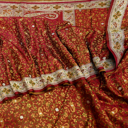 Indian Vintage Sari Maroon Heavy Wedding Pure Satin Silk Woven Banarasi Tanchoi Saree 5Yd Ethnic Craft Fabric Upcycle Bridal Heavy Sarees