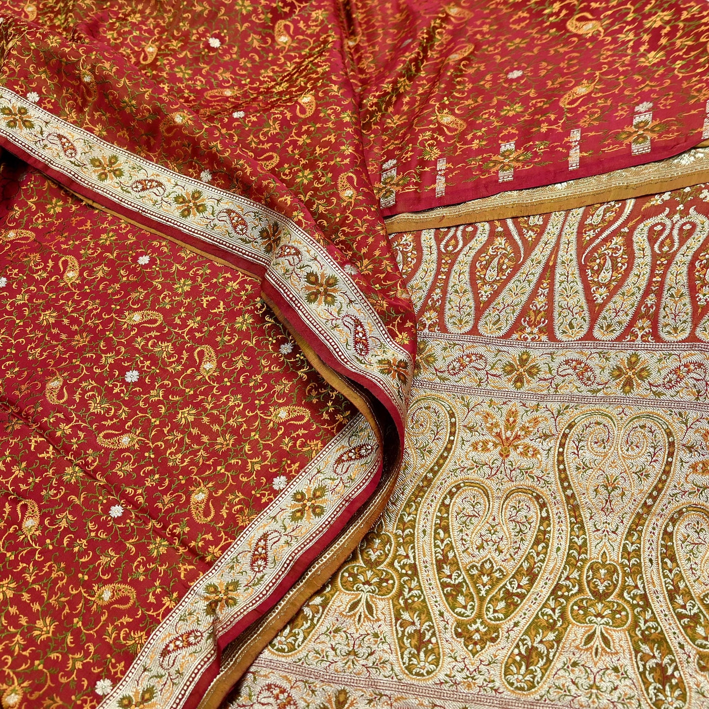 Indian Vintage Sari Maroon Heavy Wedding Pure Satin Silk Woven Banarasi Tanchoi Saree 5Yd Ethnic Craft Fabric Upcycle Bridal Heavy Sarees