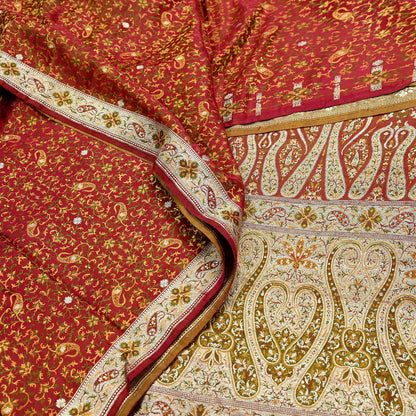 Indian Vintage Sari Maroon Heavy Wedding Pure Satin Silk Woven Banarasi Tanchoi Saree 5Yd Ethnic Craft Fabric Upcycle Bridal Heavy Sarees
