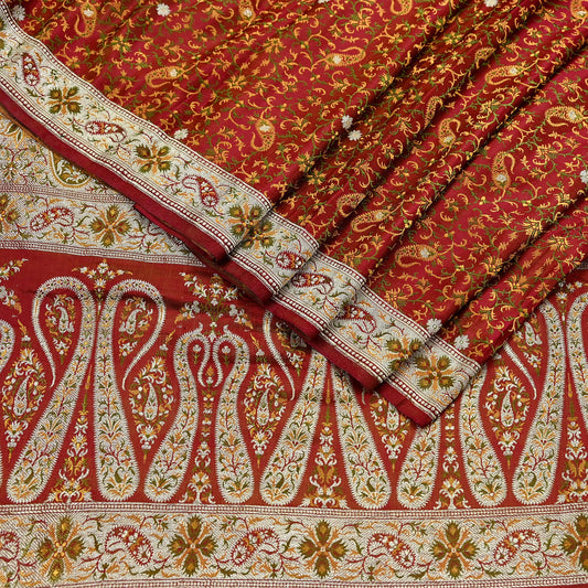Indian Vintage Sari Maroon Heavy Wedding Pure Satin Silk Woven Banarasi Tanchoi Saree 5Yd Ethnic Craft Fabric Upcycle Bridal Heavy Sarees