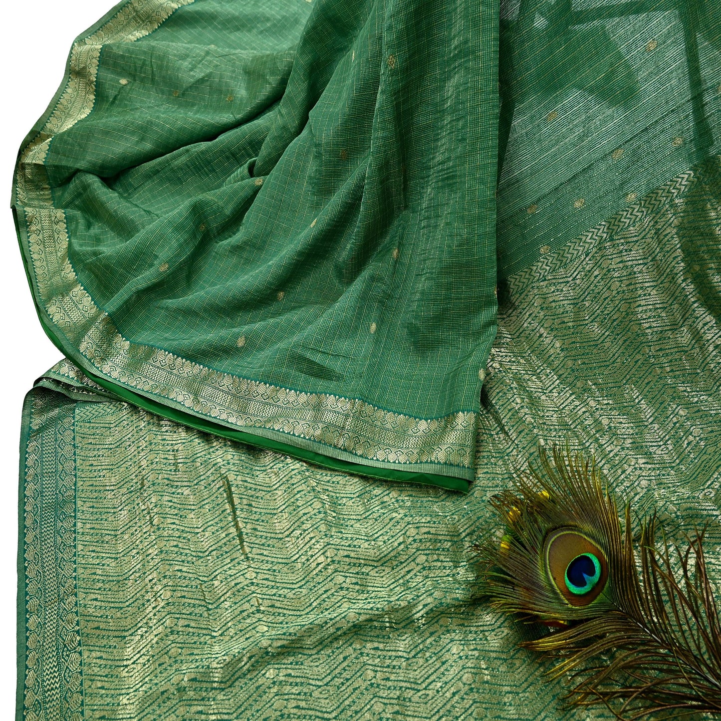 Indian Vintage Heavy Sarees Green 100% Pure Silk Hand Woven Kanjivaram Sari Craft Fabric 6Yd Ethnic Zari Fringes Dress Making Quilting