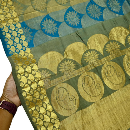 Indian Vintage Heavy Sari Green & Blue Kanjivaram Saree 100% Pure Silk Zari 6Yd Crafting Dress making For Crafting Quilting Upcycle